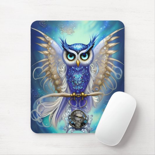 Blue Steampunk Owl Muismat (Met muis)