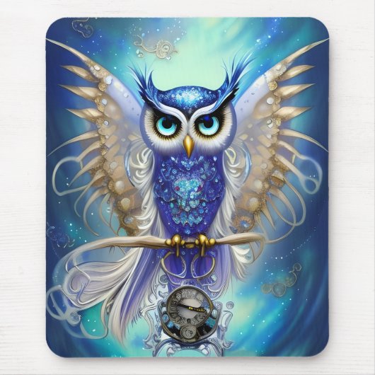 Blue Steampunk Owl Muismat (Voorkant)