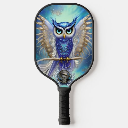 Blue Steampunk Owl Pickleball Paddle (Voorkant)