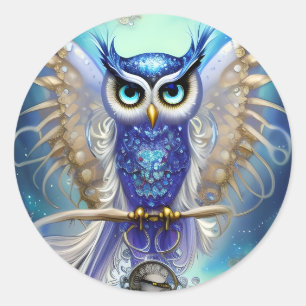 Blue Steampunk Owl Ronde Sticker