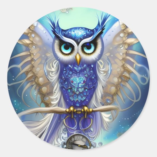 Blue Steampunk Owl Ronde Sticker (Voorkant)