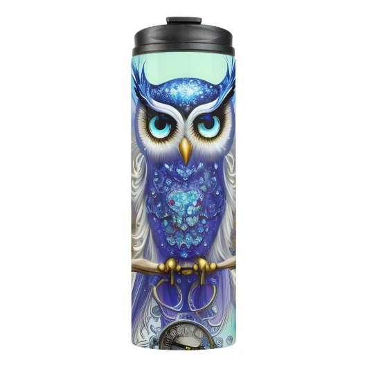 Blue Steampunk Owl Thermosbeker (Voorkant)