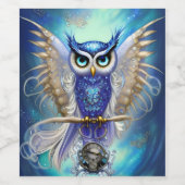 Blue Steampunk Owl Wijn Etiket (Enkel label)
