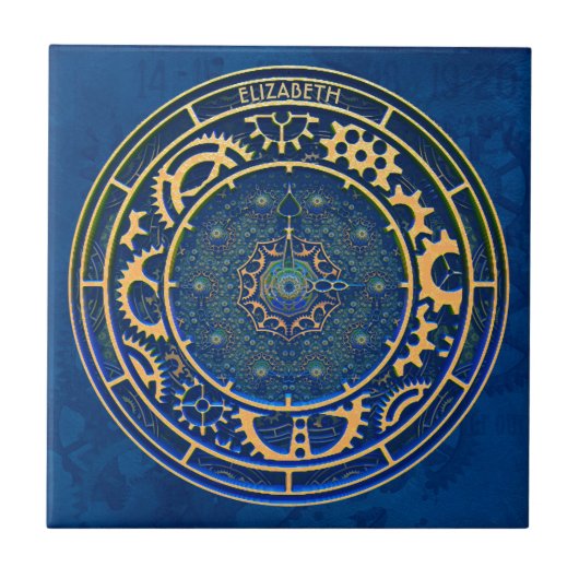 Blue Steampunk Retro Rusty Art Deco Clock Tegeltje (Voorkant)