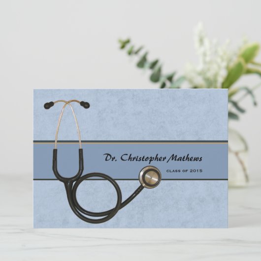 Blue Stethoscope - Afstuderen Invitation Kaart (Staand voorkant)