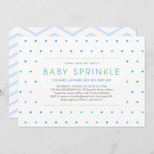Blue Stippen Boy Modern Clean Baby Sprinkle nodigt Kaart (Voorkant / Achterkant)