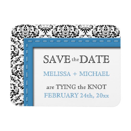 Blue Stitched Damask flat Save the Date Magnet Magneet (Horizontaal)