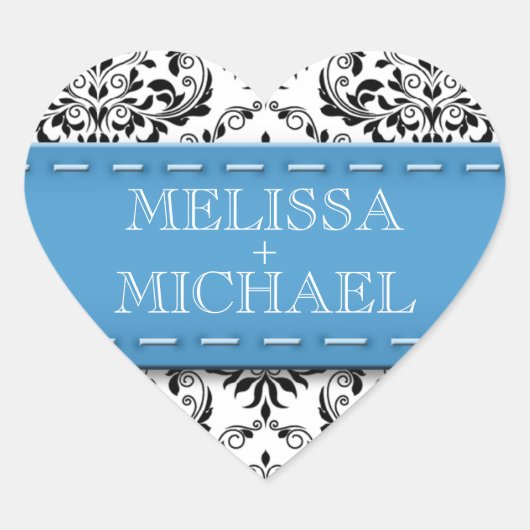 Blue Stitched Damask Wedding Heart Envelope zegels (Voorkant)
