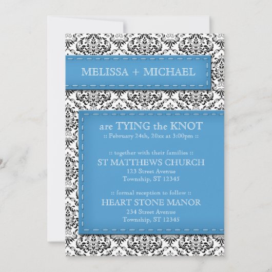 Blue Stitched Damask Wedding Invitations Kaart (Voorkant)