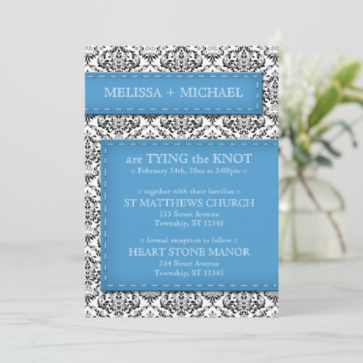 Blue Stitched Damask Wedding Invitations Kaart (Staand voorkant)