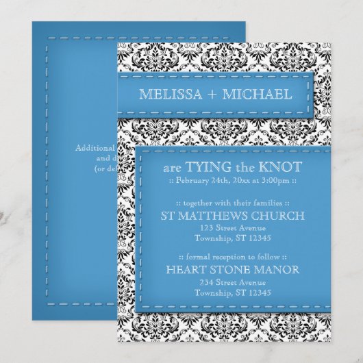 Blue Stitched Damask Wedding Invitations Kaart (Voorkant / Achterkant)