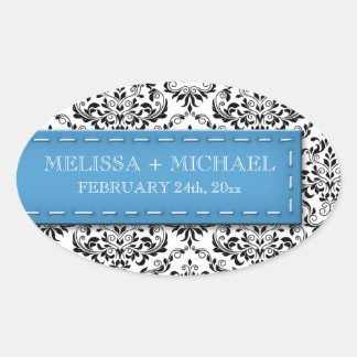 Blue Stitched Damask Wedding Large Favor Stickers