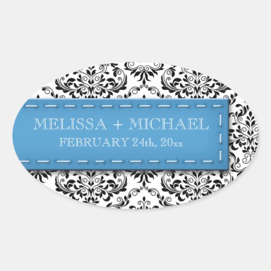Blue Stitched Damask Wedding Large Favor Stickers (Voorkant)