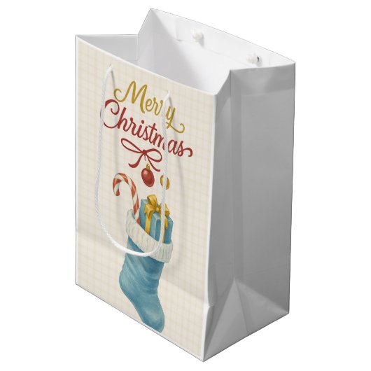 Blue Stocking Christmas Gift Bag — Ivory Plaid, " Medium Cadeauzakje (Voorkant Gekanteld)