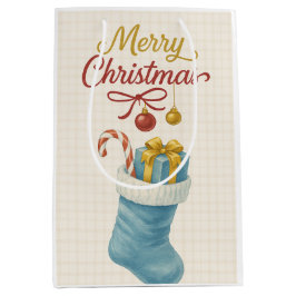 Blue Stocking Christmas Gift Bag — Ivory Plaid, " Medium Cadeauzakje