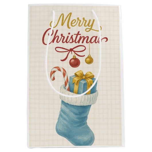 Blue Stocking Christmas Gift Bag — Ivory Plaid, " Medium Cadeauzakje (Voorkant)
