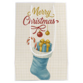 Blue Stocking Christmas Gift Bag — Ivory Plaid, " Medium Cadeauzakje (Achterkant)