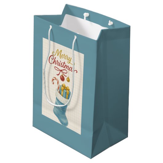 Blue Stocking Christmas Gift Bag — Ivory Plaid, “ Medium Cadeauzakje (Achterkant Gekanteld)