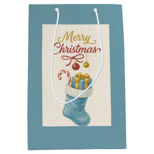 Blue Stocking Christmas Gift Bag — Ivory Plaid, “ Medium Cadeauzakje (Voorkant)