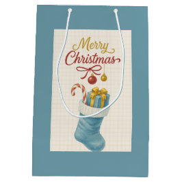 Blue Stocking Christmas Gift Bag — Ivory Plaid, “ Medium Cadeauzakje