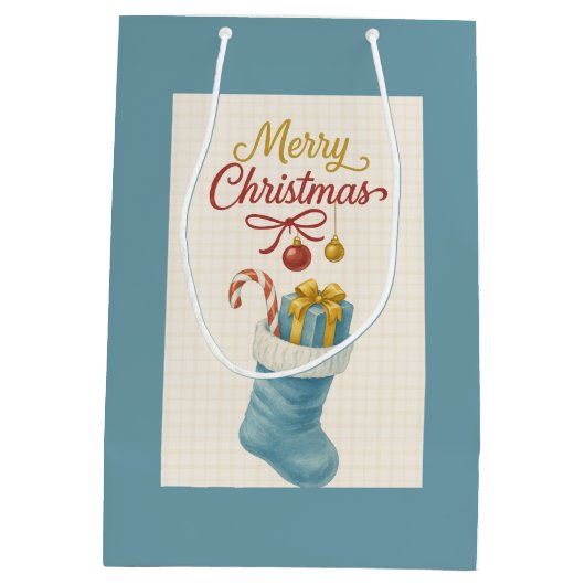 Blue Stocking Christmas Gift Bag — Ivory Plaid, “ Medium Cadeauzakje (Achterkant)