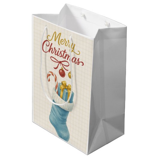 Blue Stocking Christmas Gift Bag — Ivory Plaid, " Medium Cadeauzakje (Achterkant Gekanteld)