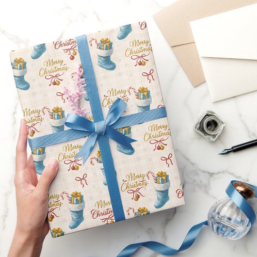 Blue Stocking Christmas Wrapping Paper - Plakken Cadeaupapier