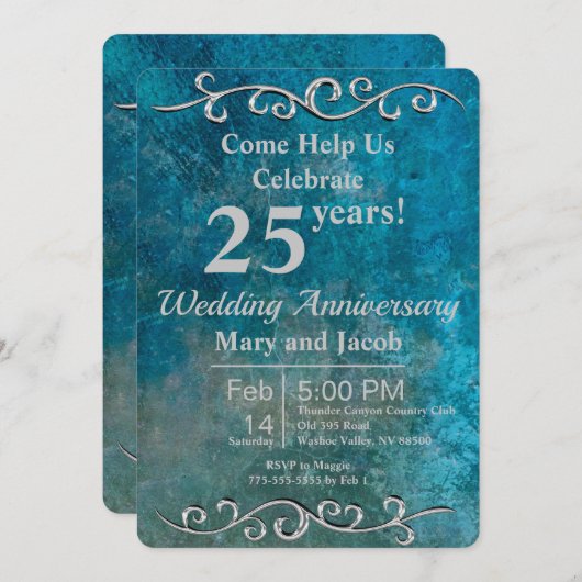 Blue Stone Silver Jubileum Invitation Kaart (Voorkant / Achterkant)