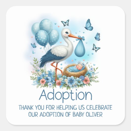 Blue Stork Baby Boy Adoption Baby shower Dank u Vierkante Sticker (Voorkant)