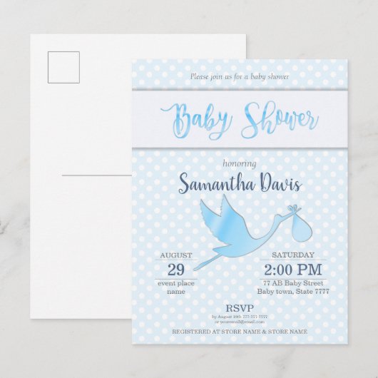 Blue Stork Baby Boy Baby shower Uitnodiging Briefkaart (Voorkant / Achterkant)