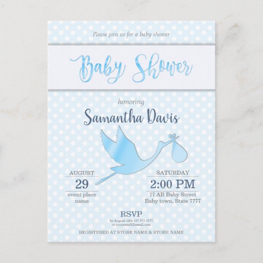 Blue Stork Baby Boy Baby shower Uitnodiging Briefkaart (Voorkant)