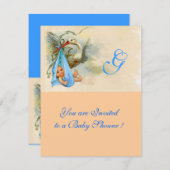 BLUE STORK BABY BOY SHOWER MONOGRAM Pink Shimmer Kaart (Voorkant / Achterkant)