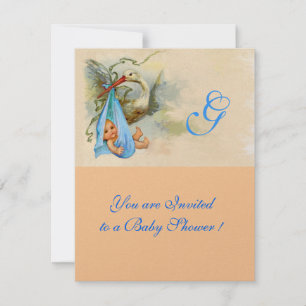 BLUE STORK BABY BOY SHOWER MONOGRAM Pink Shimmer Kaart