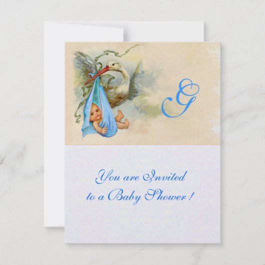 BLUE STORK BABY BOY SHOWER MONOGRAM White Shimmer Kaart (Voorkant)