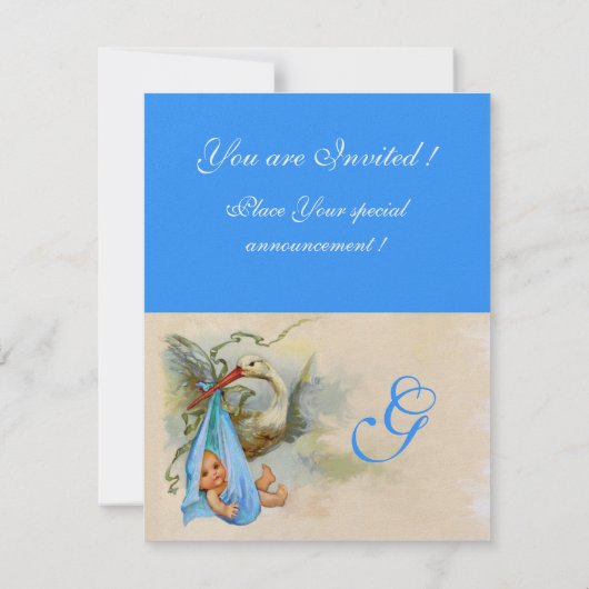 BLUE STORK BABY BOY SHOWER MONOGRAM White Shimmer Kaart (Achterkant)