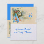 BLUE STORK BABY BOY SHOWER MONOGRAM White Shimmer Kaart (Voorkant / Achterkant)