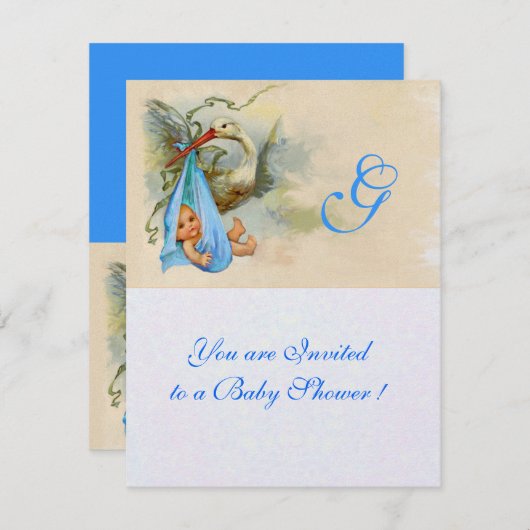 BLUE STORK BABY BOY SHOWER MONOGRAM White Shimmer Kaart (Voorkant / Achterkant)