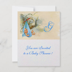 BLUE STORK BABY BOY SHOWER MONOGRAM White Shimmer Kaart