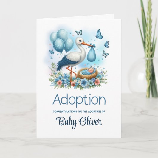 Blue Stork Baby Jongen Adoptie Gefeliciteerd Kaart (Voorkant)