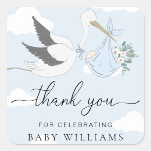 Blue Stork Baby shower Bedankt Vierkante Sticker