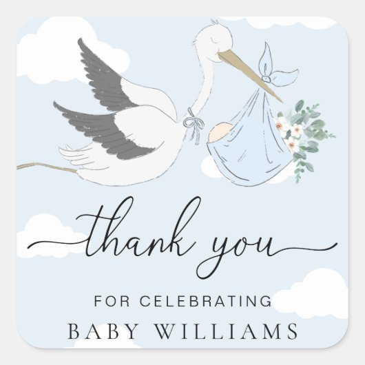 Blue Stork Baby shower Bedankt Vierkante Sticker (Voorkant)