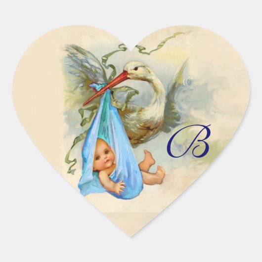 BLUE STORK BABY SHOWER HEART MONOGRAM , HART STICKER (Voorkant)