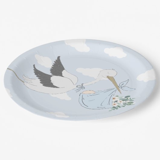 Blue Stork-Baby shower Papieren Bordje (Gekanteld)