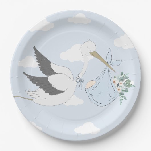 Blue Stork-Baby shower Papieren Bordje (Voorkant)