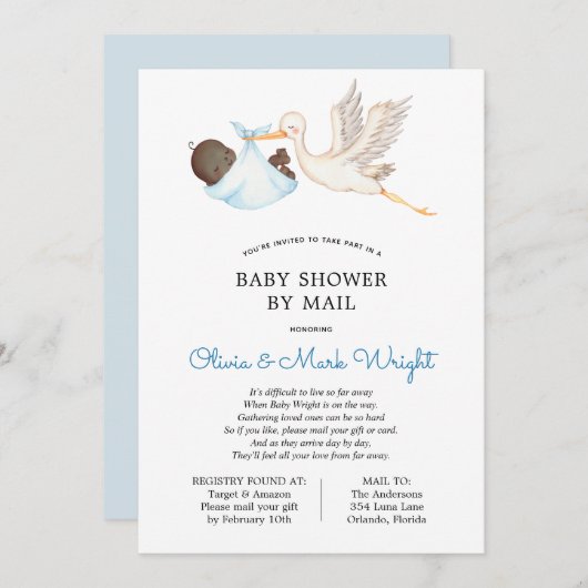 Blue Stork Baby shower per Mail Invitation Kaart (Voorkant / Achterkant)