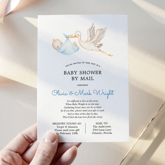 Blue Stork Baby shower per post Kaart