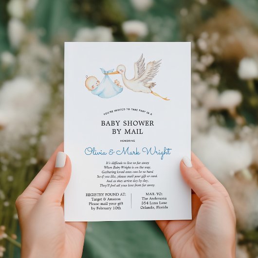 Blue Stork Baby shower per post Kaart