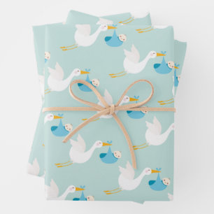 Blue Stork Boy Baby shower Inpakpapier Vel