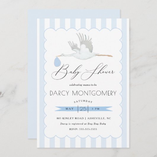 Blue Stork Boy Baby shower Invitation Kaart (Voorkant / Achterkant)