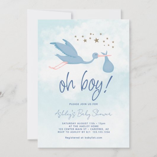 Blue Stork Boy Baby shower Kaart (Voorkant)